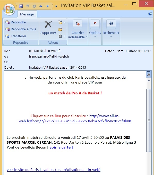 Envoi de mail avec un lien direct sur un formulaire, pr-rempli avec les informations du contact, Fig. 3 mail reu